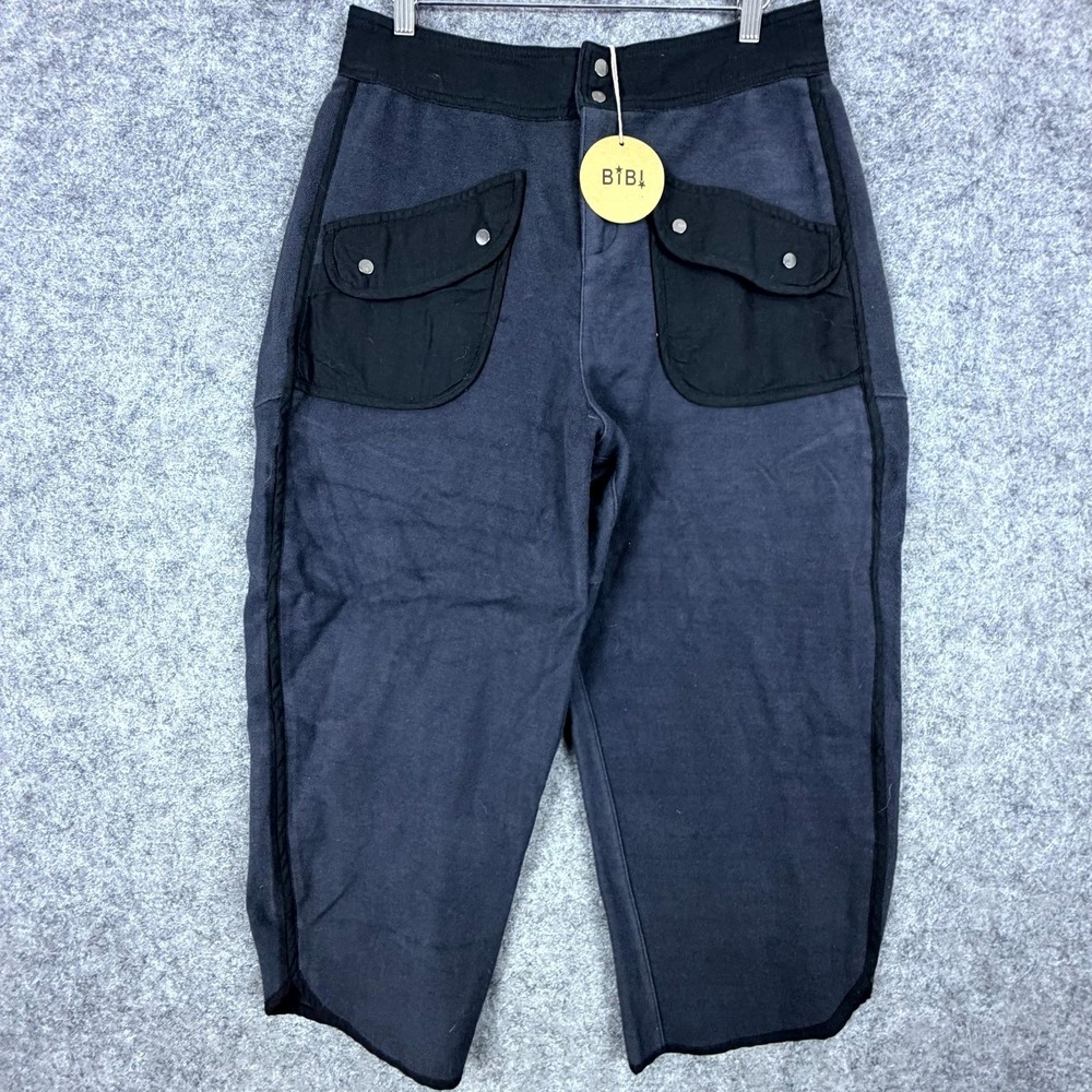 BiBi Washed Terry Cargo Pants Womens Medium Blue Black Cotton Cropped Casual